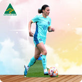 Soccer player in action with 'Australian Made' logo in the corner